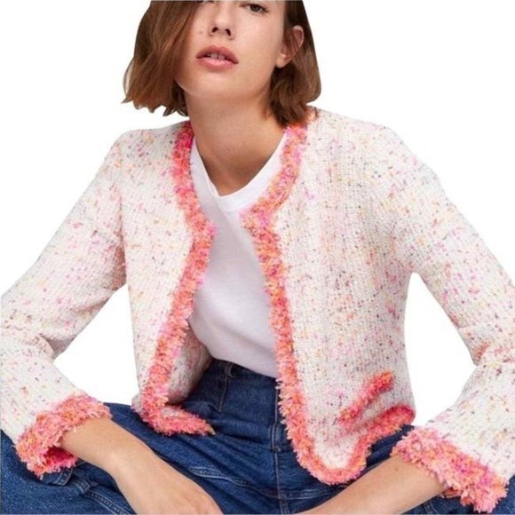 Zara Jackets & Blazers - Zara Multicolor Tweed Knit Jacket Frayed Trim Pink Orange Neon Flecks Blazer